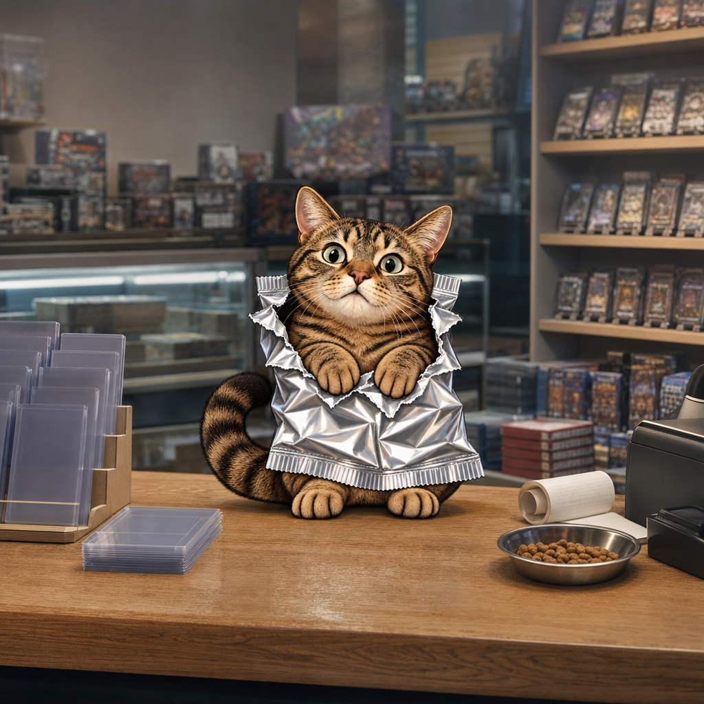 The same tabby cat in its foil pack sitting on a wooden card shop counter beside sleeves and a food bowl